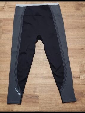Fabletics Black and Gray Performance Leggings with Side Stripe Detail